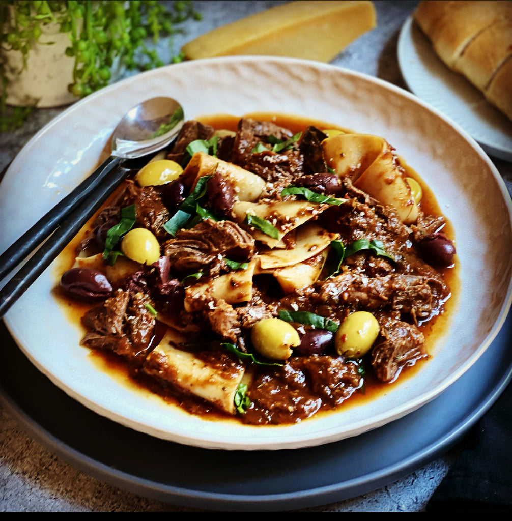 Slow Cooked Beef and Olive Ragu with Pappardelle Pasta – Basketcase Gourmet