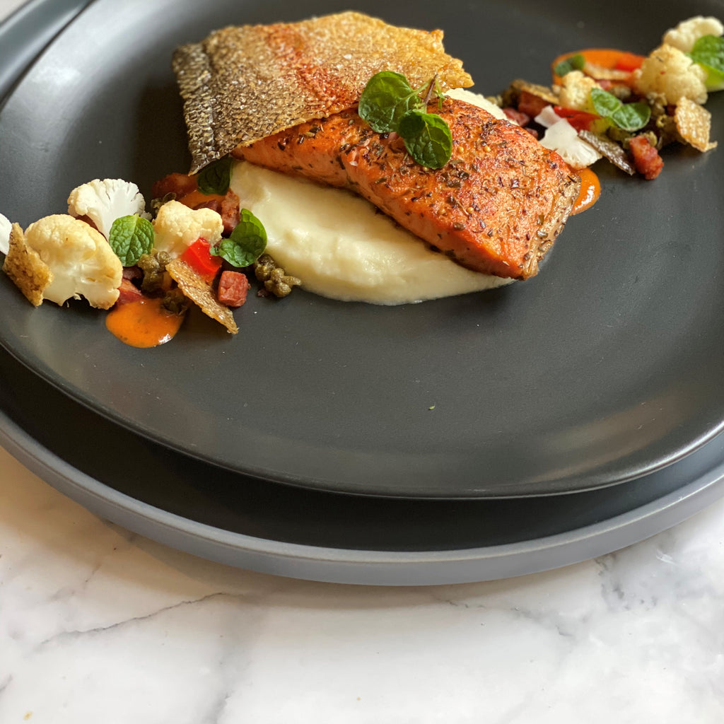 Ocean Trout, Cauliflower, Chorizo and Romesco with Fish Crackling – Basketcase Gourmet