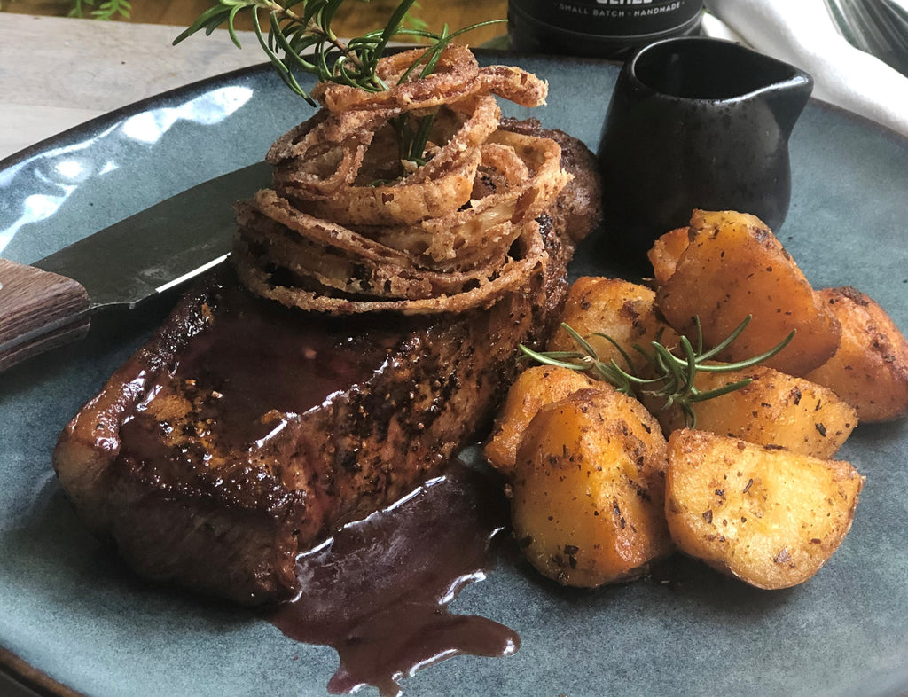 Porterhouse with Red Wine Jus and Crispy Onion Rings – Basketcase Gourmet