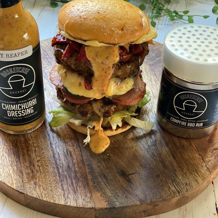 Campfire Bacon Double Cheeseburger with Smokey Relish and Onion Rings