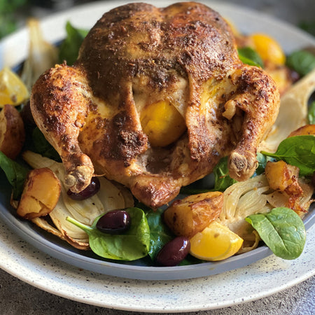 Lovebird Roast Chicken with Lemon, Fennel, Potatoes and Olives