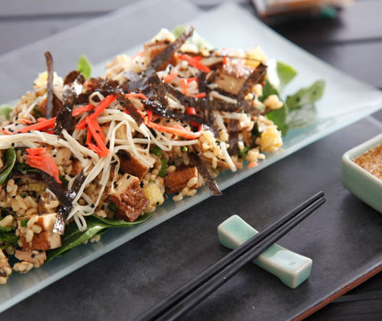 Tofu, Brown Rice and Enoki Salad with Basketcase Miso Dressing